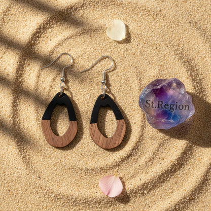 Black Resin and Wood Silvertone Open Irregular Oval Hook Earrings, silver drop earrings for women, detail close-up