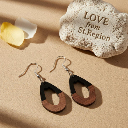 Black Resin and Wood Silvertone Open Irregular Oval Hook Earrings, silver drop earrings for women, lifestyle look