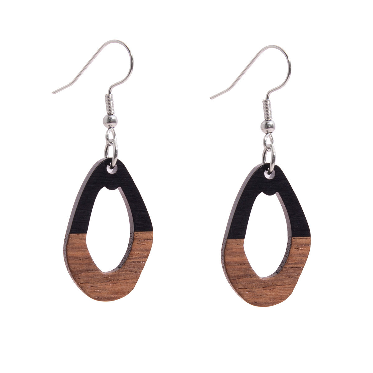 Black Resin & Wood Silvertone Open Irregular Oval Hook Earrings - Street Region