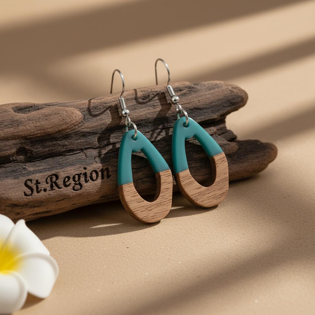 Blue Resin and Wood Silvertone Open Irregular Oval Hook Earrings, silver drop earrings for women, front view