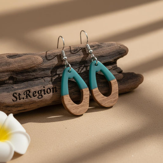 Blue Resin and Wood Silvertone Open Irregular Oval Hook Earrings, gold drop earrings for women, front view
