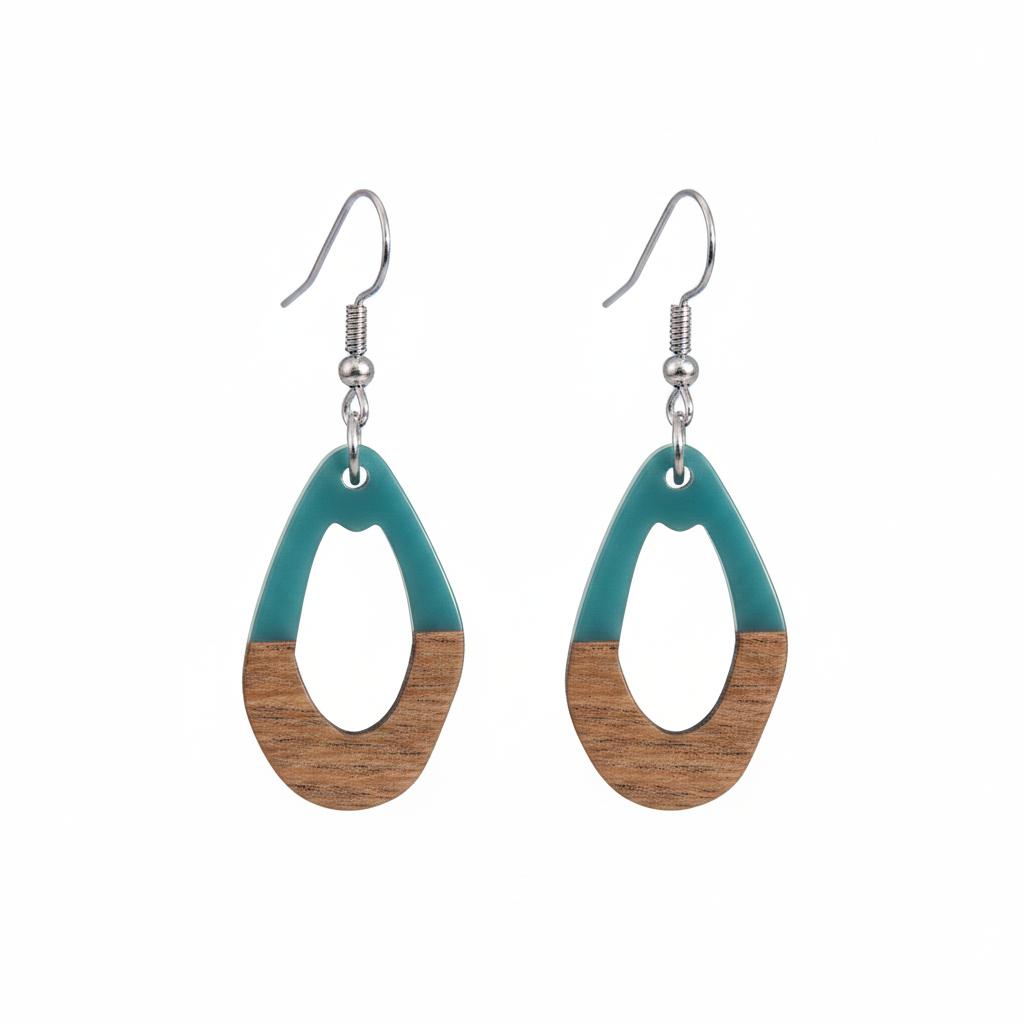 Blue Resin and Wood Silvertone Open Irregular Oval Hook Earrings, silver drop earrings for women, side view