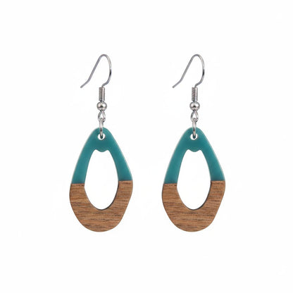 Blue Resin and Wood Silvertone Open Irregular Oval Hook Earrings, silver drop earrings for women, side view
