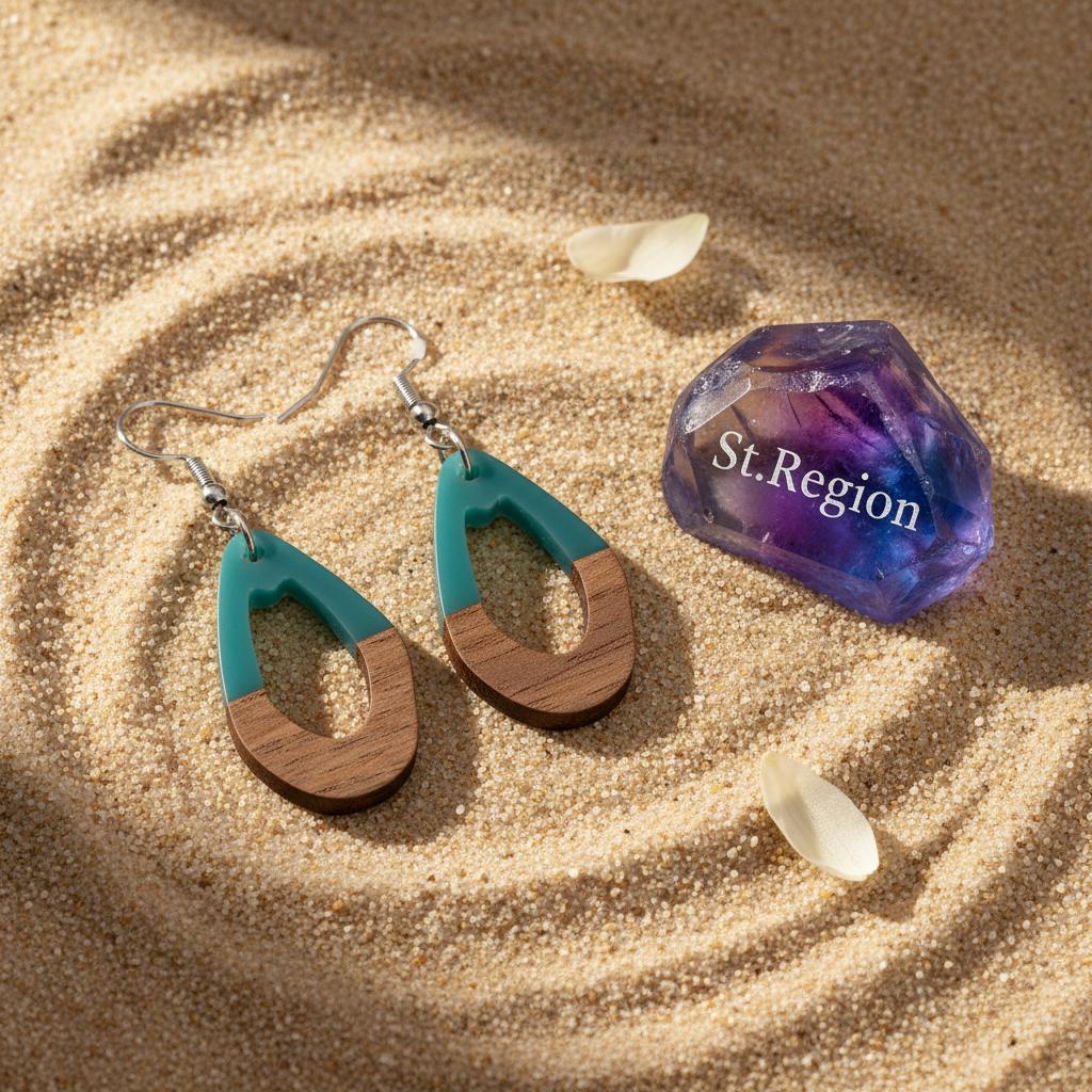 Blue Resin and Wood Silvertone Open Irregular Oval Hook Earrings, silver drop earrings for women, detail close-up