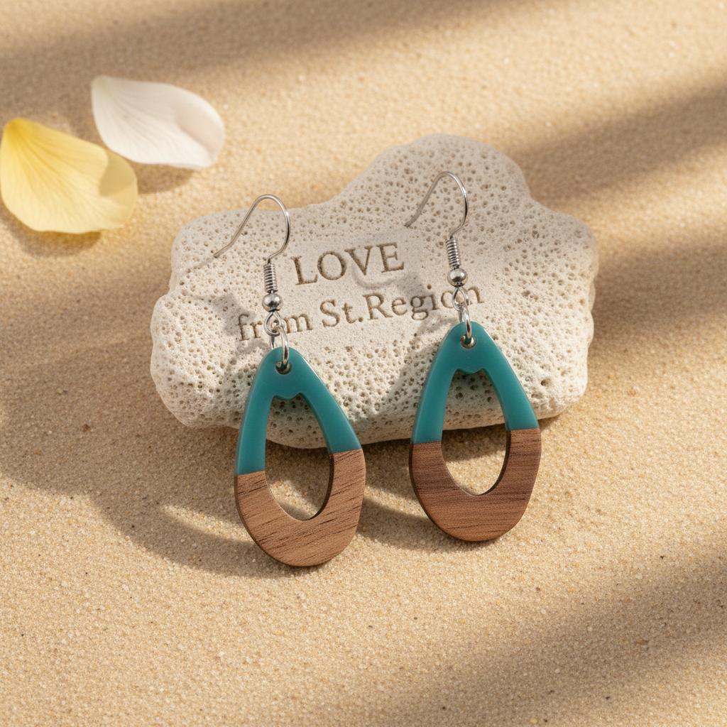 Blue Resin and Wood Silvertone Open Irregular Oval Hook Earrings, silver drop earrings for women, lifestyle look