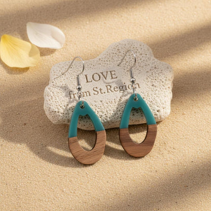 Blue Resin and Wood Silvertone Open Irregular Oval Hook Earrings, silver drop earrings for women, lifestyle look