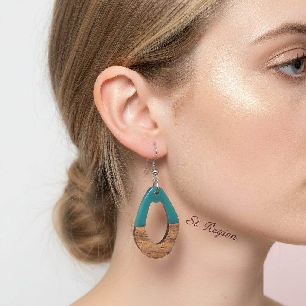 Blue Resin & Wood Silvertone Open Irregular Oval Hook Earrings - Street Region