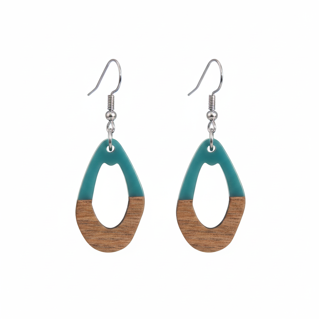 Blue Resin & Wood Silvertone Open Irregular Oval Hook Earrings - Street Region