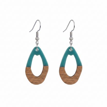 Blue Resin & Wood Silvertone Open Irregular Oval Hook Earrings - Street Region