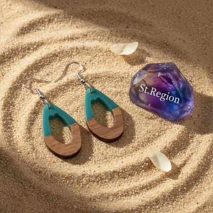 Blue Resin & Wood Silvertone Open Irregular Oval Hook Earrings - Street Region