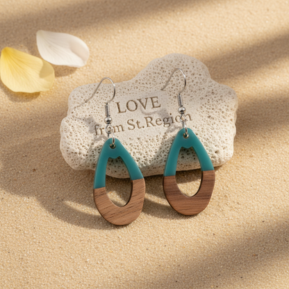 Blue Resin & Wood Silvertone Open Irregular Oval Hook Earrings - Street Region