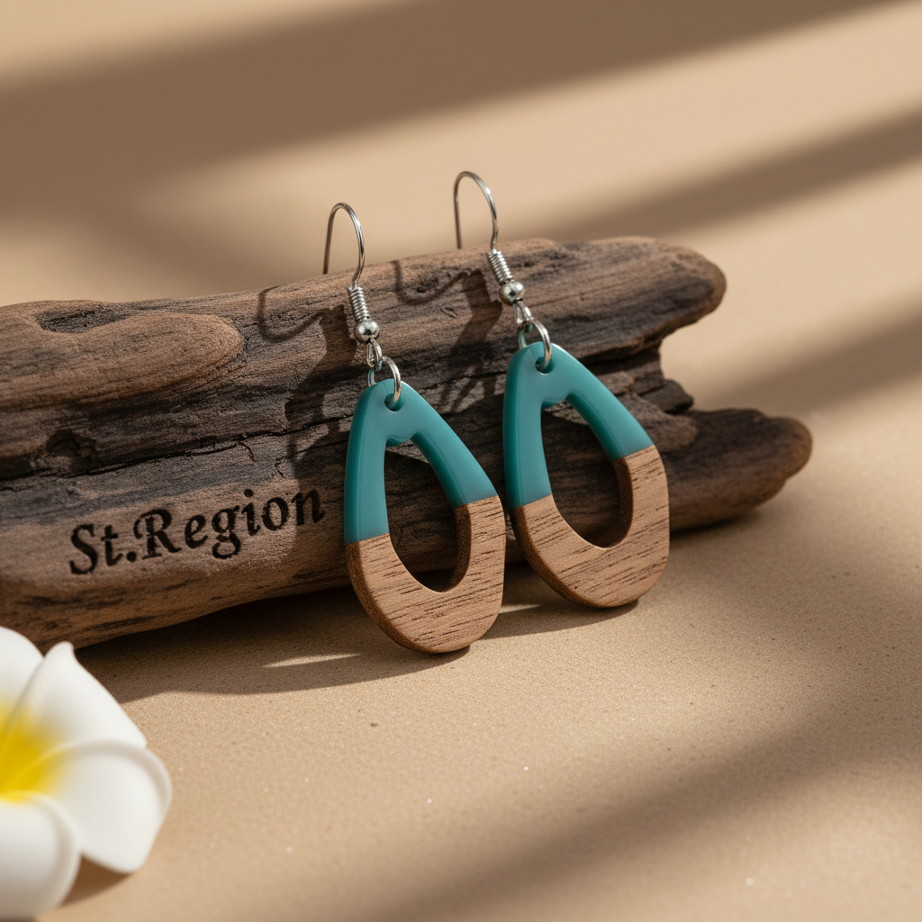 Blue Resin & Wood Silvertone Open Irregular Oval Hook Earrings - Street Region