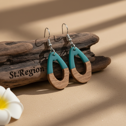 Blue Resin & Wood Silvertone Open Irregular Oval Hook Earrings - Street Region