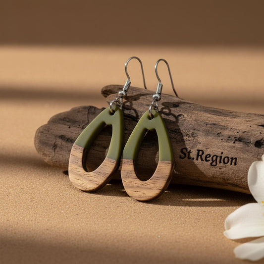 Green Resin and Wood Silvertone Open Irregular Oval Hook Earrings, gold drop earrings for women, front view