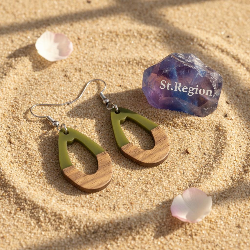Green Resin and Wood Silvertone Open Irregular Oval Hook Earrings, silver drop earrings for women, detail close-up