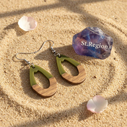 Green Resin and Wood Silvertone Open Irregular Oval Hook Earrings, silver drop earrings for women, detail close-up