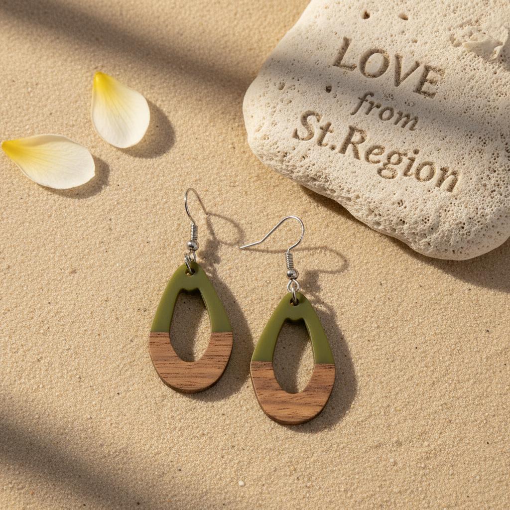 Green Resin and Wood Silvertone Open Irregular Oval Hook Earrings, silver drop earrings for women, lifestyle look