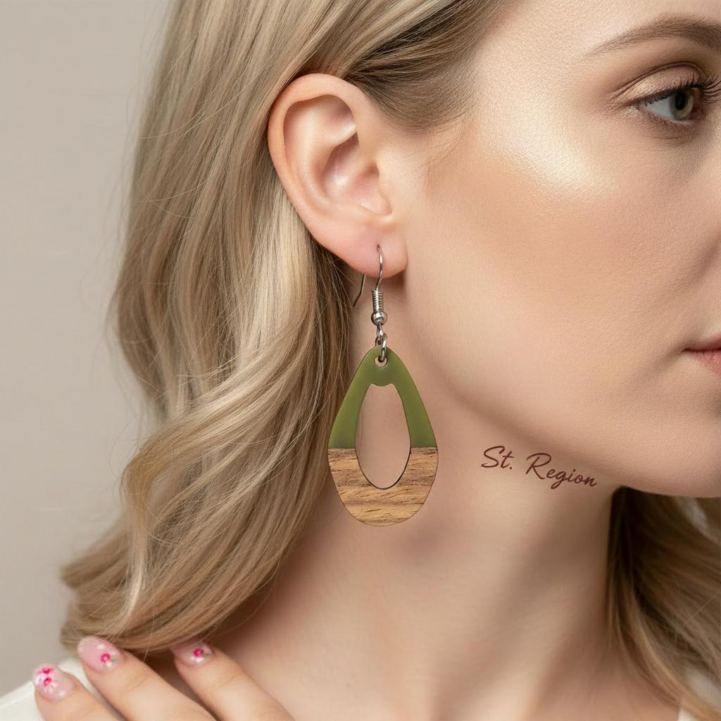 Green Resin and Wood Silvertone Open Irregular Oval Hook Earrings, silver drop earrings for women, styled look