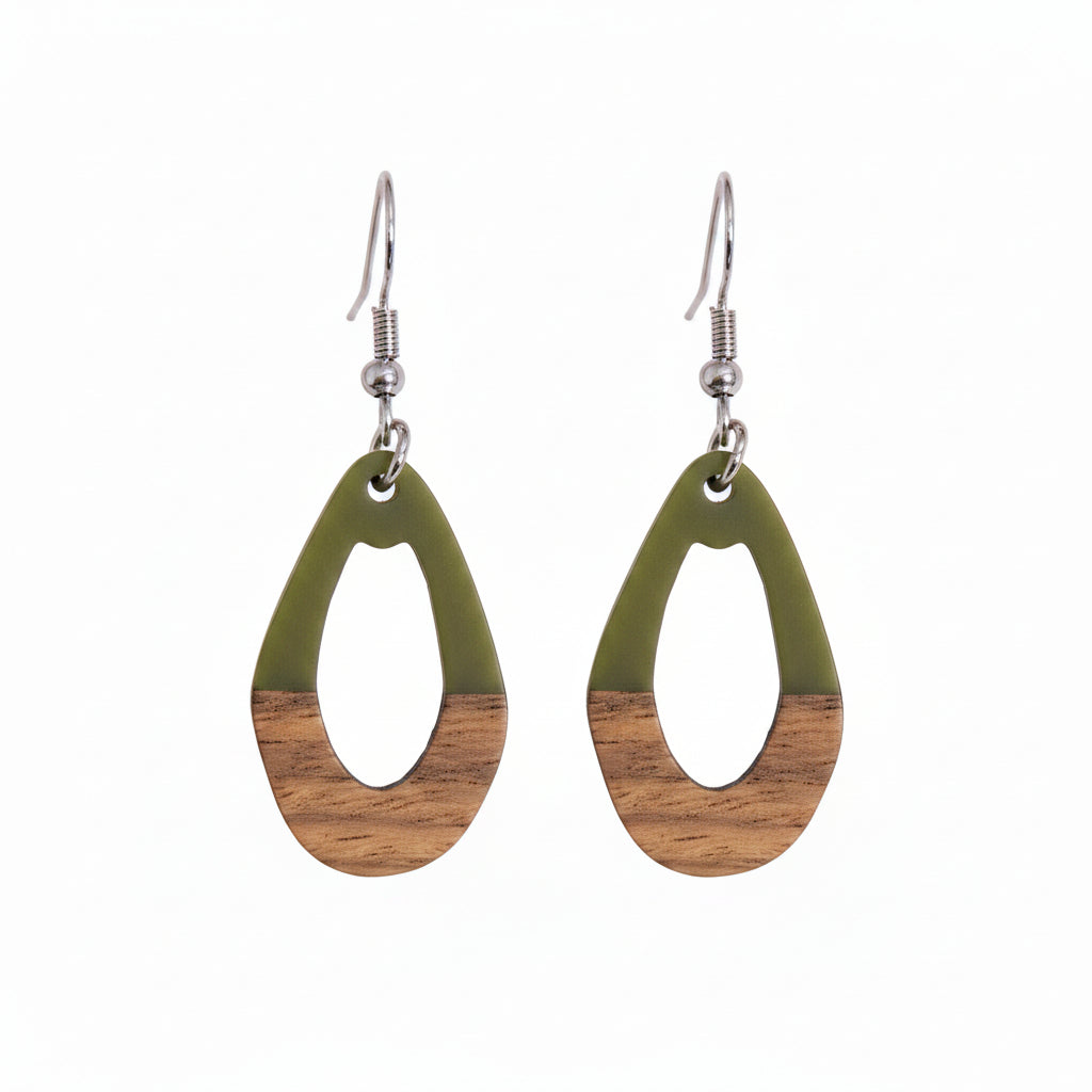 Green Resin & Wood Silvertone Open Irregular Oval Hook Earrings - Street Region