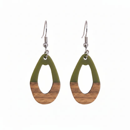 Green Resin & Wood Silvertone Open Irregular Oval Hook Earrings - Street Region