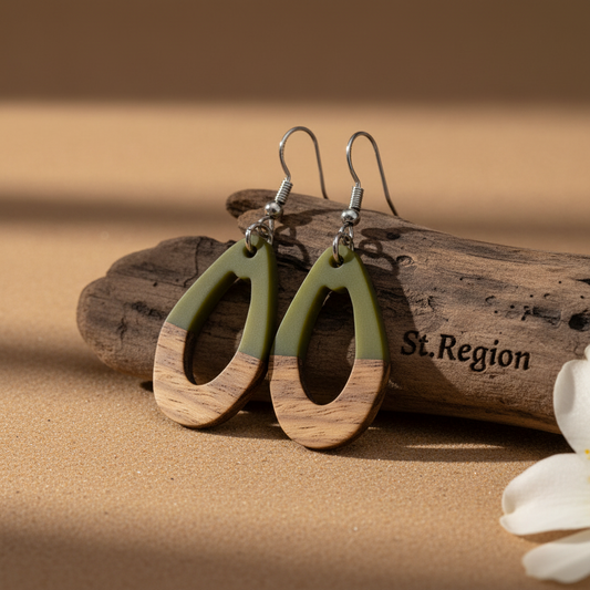 Green Resin & Wood Silvertone Open Irregular Oval Hook Earrings - Street Region