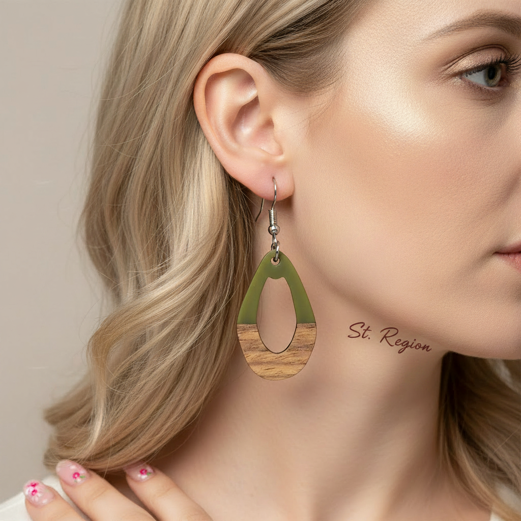 Green Resin & Wood Silvertone Open Irregular Oval Hook Earrings - Street Region