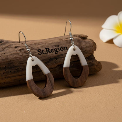 White Resin and Wood Silvertone Open Irregular Oval Hook Earrings, silver drop earrings for women, front view
