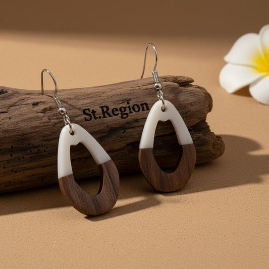 White Resin and Wood Silvertone Open Irregular Oval Hook Earrings, gold drop earrings for women, front view