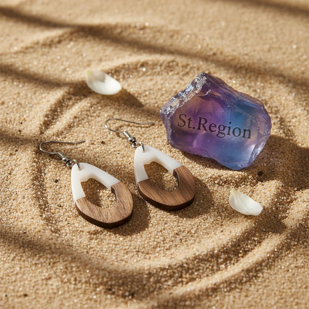 White Resin and Wood Silvertone Open Irregular Oval Hook Earrings, silver drop earrings for women, detail close-up