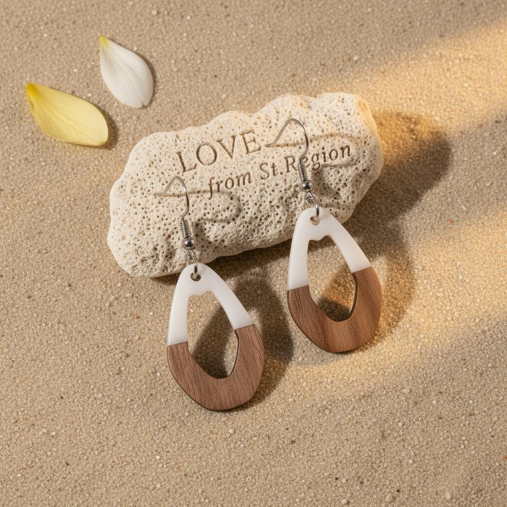 White Resin and Wood Silvertone Open Irregular Oval Hook Earrings, silver drop earrings for women, lifestyle look