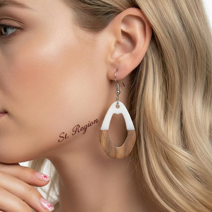 White Resin and Wood Silvertone Open Irregular Oval Hook Earrings, silver drop earrings for women, styled look