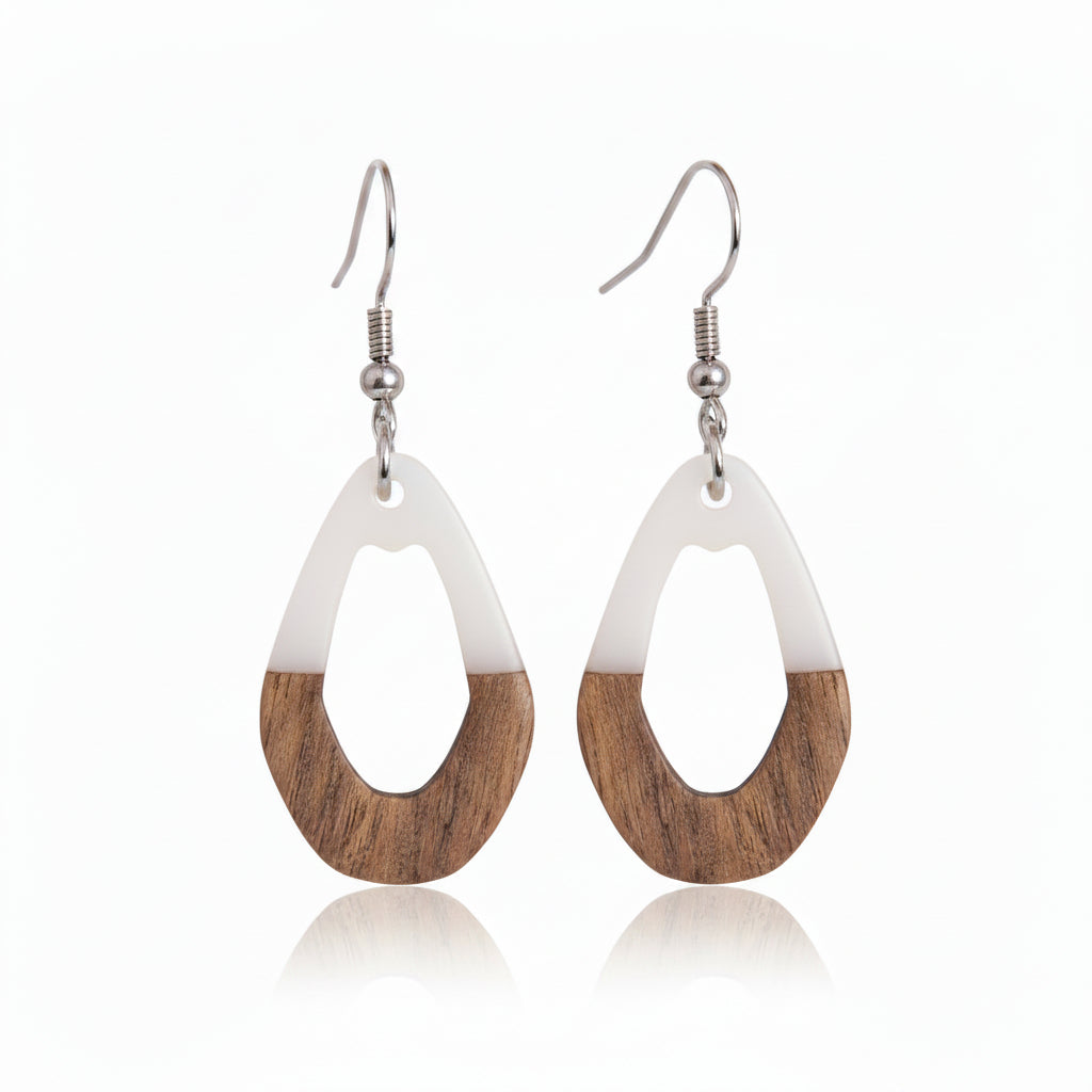 White Resin & Wood Silvertone Open Irregular Oval Hook Earrings - Street Region