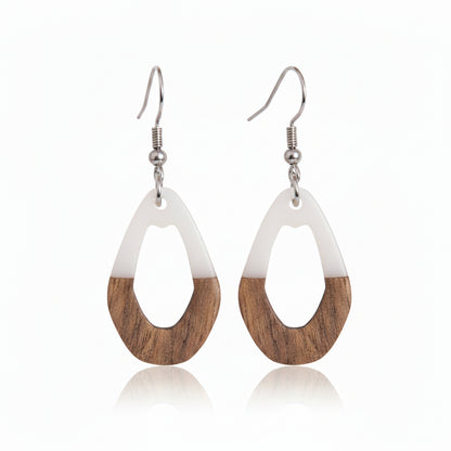 White Resin & Wood Silvertone Open Irregular Oval Hook Earrings - Street Region