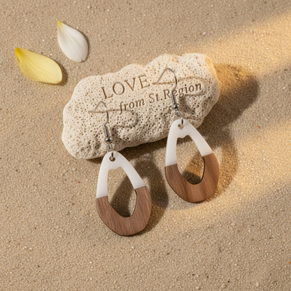 White Resin & Wood Silvertone Open Irregular Oval Hook Earrings - Street Region