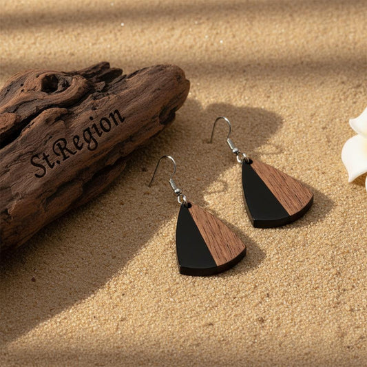 Black Resin and Wood Silvertone Shield Hook Earrings, gold drop earrings for women, everyday style, front view