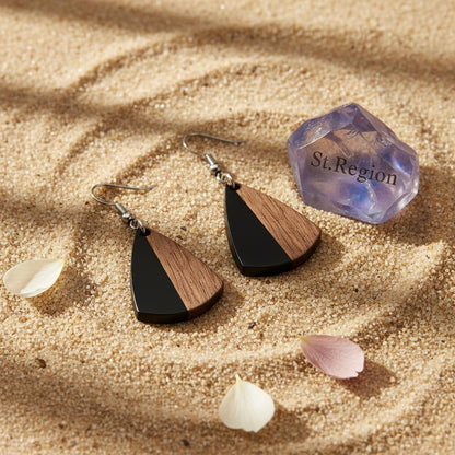 Black Resin and Wood Silvertone Shield Hook Earrings, silver drop earrings for women, everyday style, detail close-up