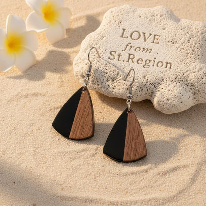 Black Resin and Wood Silvertone Shield Hook Earrings, silver drop earrings for women, everyday style, lifestyle look