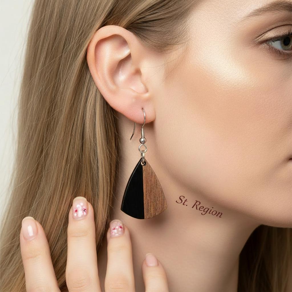 Black Resin and Wood Silvertone Shield Hook Earrings, silver drop earrings for women, everyday style, styled look