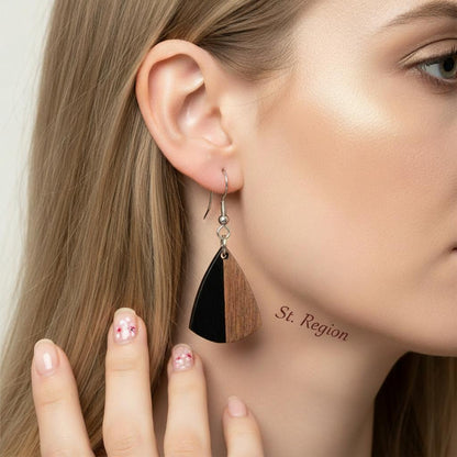Black Resin and Wood Silvertone Shield Hook Earrings, silver drop earrings for women, everyday style, styled look