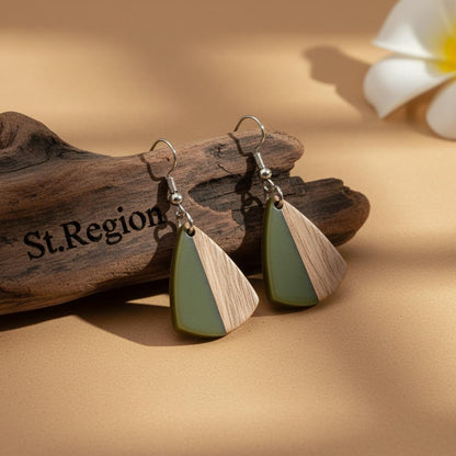 Green Resin and Wood Silvertone Shield Hook Earrings, silver drop earrings for women, vintage-inspired design, front view