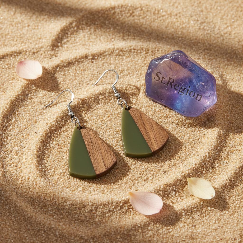 Green Resin and Wood Silvertone Shield Hook Earrings, silver drop earrings for women, detail close-up