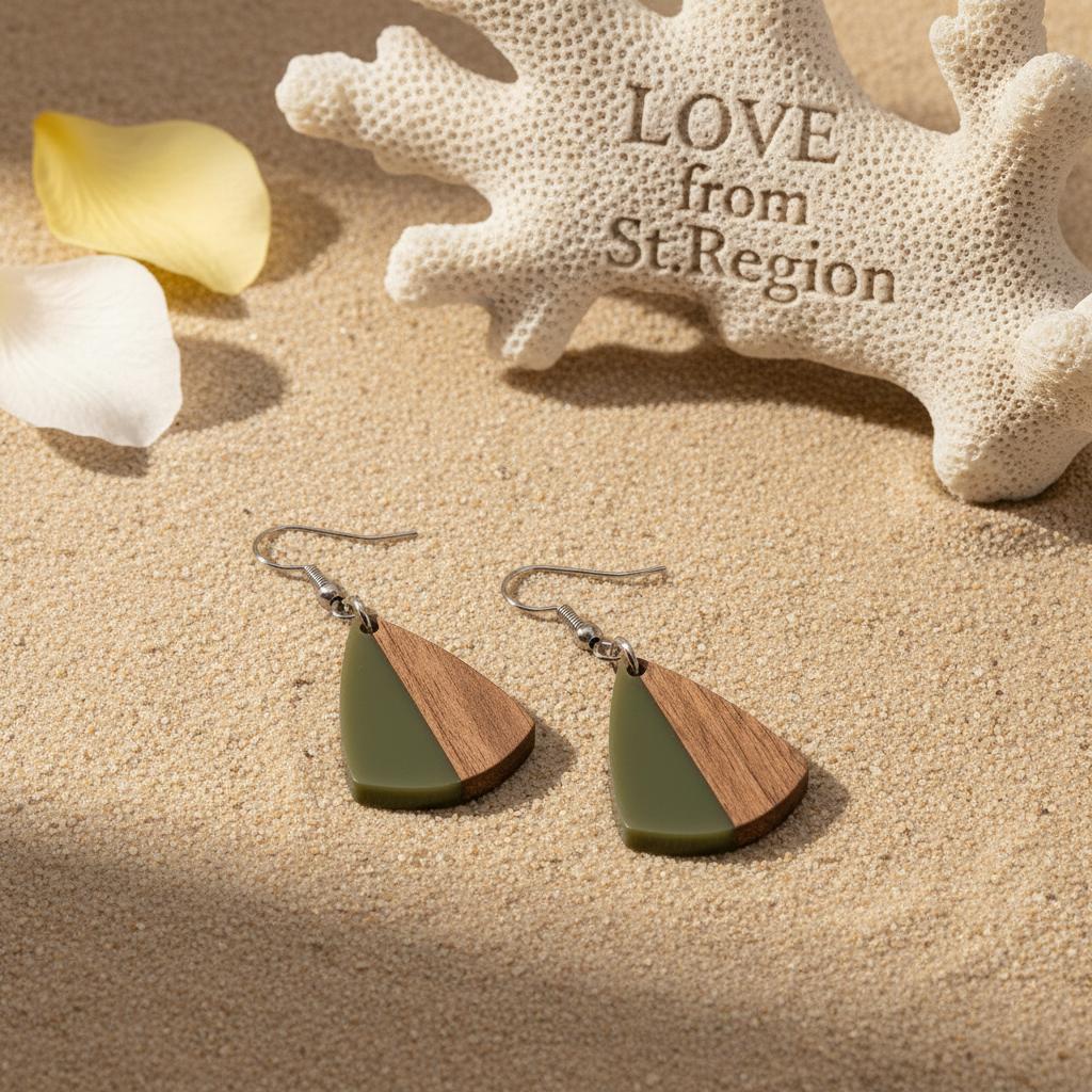 Green Resin and Wood Silvertone Shield Hook Earrings, silver drop earrings for women, vintage-inspired design, lifestyle look