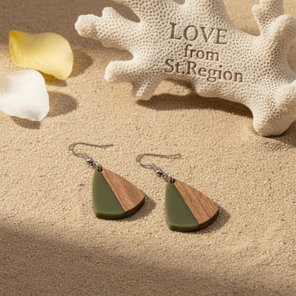 Green Resin and Wood Silvertone Shield Hook Earrings, silver drop earrings for women, vintage-inspired design, lifestyle look