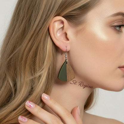 Green Resin and Wood Silvertone Shield Hook Earrings, silver drop earrings for women, vintage-inspired design, styled look