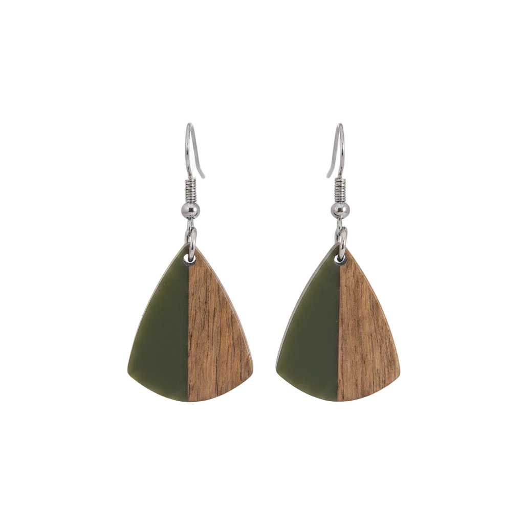Green Resin & Wood Silvertone Shield Hook Earrings - Street Region