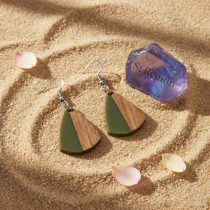 Green Resin & Wood Silvertone Shield Hook Earrings - Street Region