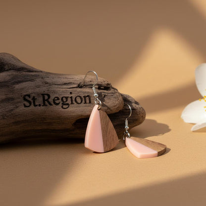 Pink Resin and Wood Silvertone Shield Hook Earrings, silver drop earrings for women, dainty minimalist design, front view