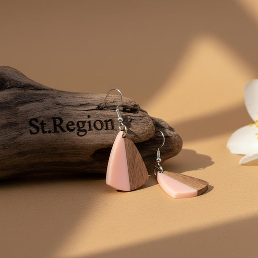 Pink Resin and Wood Silvertone Shield Hook Earrings, gold drop earrings for women, dainty minimalist design, front view