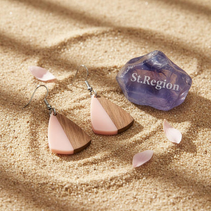 Pink Resin and Wood Silvertone Shield Hook Earrings, silver drop earrings for women, detail close-up