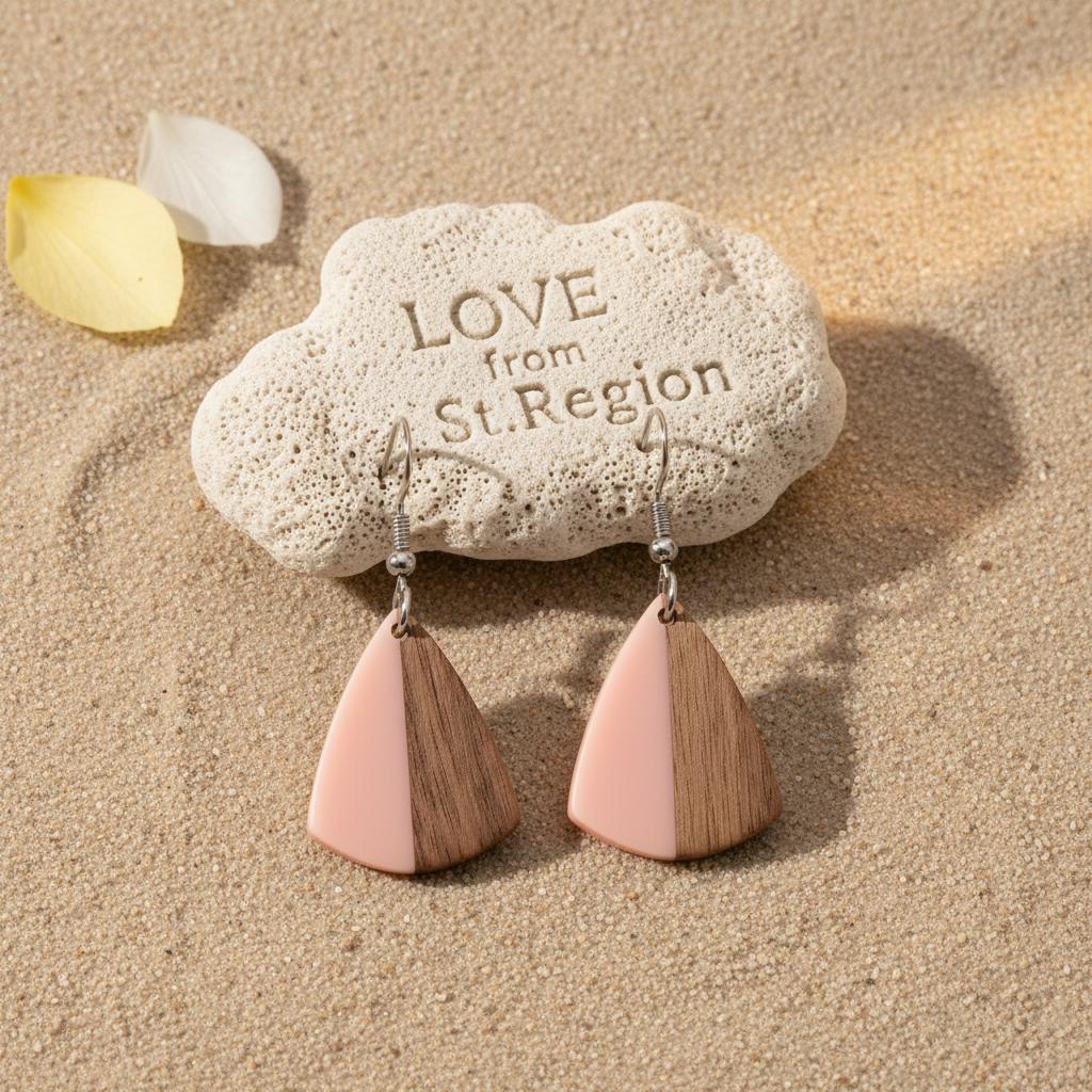 Pink Resin and Wood Silvertone Shield Hook Earrings, silver drop earrings for women, dainty minimalist design, lifestyle look